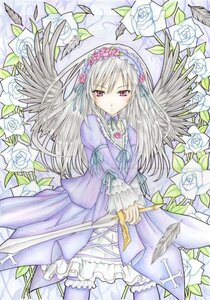 Rating: Safe Score: 0 Tags: 1girl dress feathers flower frills hairband image long_hair ribbon rose silver_hair solo suigintou traditional_media white_flower white_rose wings User: admin