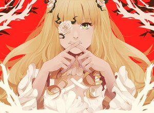 Rating: Safe Score: 0 Tags: 1girl bangs blonde_hair closed_mouth dress eyepatch flower frills hair_flower hair_ornament image kirakishou long_hair long_sleeves looking_at_viewer red_background rose solo upper_body white_flower white_rose wide_sleeves yellow_eyes User: admin