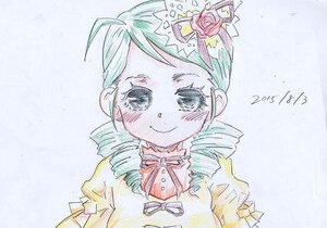 Rating: Safe Score: 0 Tags: 1girl blush bowtie drill_hair flower green_eyes green_hair hair_flower hair_ornament image kanaria looking_at_viewer puffy_sleeves ribbon rose smile solo traditional_media twin_drills upper_body User: admin