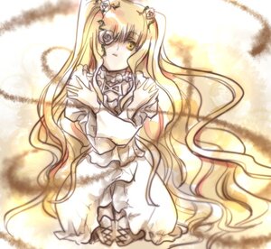 Rating: Safe Score: 0 Tags: 1girl blonde_hair dress eyepatch flower frills hair_flower image kirakishou long_hair long_sleeves rose solo very_long_hair wavy_hair white_dress wide_sleeves yellow_eyes User: admin