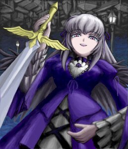 Rating: Safe Score: 0 Tags: 1girl dress image long_hair long_sleeves looking_at_viewer pink_eyes purple_dress ribbon silver_hair solo suigintou very_long_hair weapon wings User: admin
