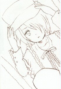Rating: Safe Score: 0 Tags: 1girl :o buttons collarbone frills hair_over_one_eye hat image long_sleeves looking_at_viewer monochrome neck_ribbon ribbon short_hair solo souseiseki traditional_media upper_body User: admin