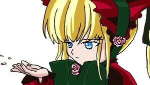 Rating: Safe Score: 0 Tags: 1girl blonde_hair blue_eyes bonnet bow flower hat image long_hair pink_flower pink_rose rose shinku simple_background solo white_background User: admin