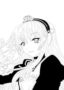 Rating: Safe Score: 0 Tags: 1girl blush dress greyscale hairband image long_hair long_sleeves looking_at_viewer monochrome smile solo striped striped_background suigintou upper_body User: admin