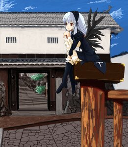 Rating: Safe Score: 0 Tags: 1girl b-ginga black_legwear black_wings bloomers blue_sky boots building city cloud cobblestone cross crossed_legs day dress frills hairband head_rest image long_hair long_sleeves looking_afar outdoors red_eyes road rooftop rozen_maiden silver_hair sitting sky smile solo street suigintou suitcase underwear wings User: admin