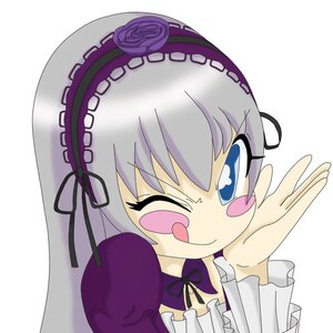 Rating: Safe Score: 3 Tags: 1girl ;q blush_stickers dress flower frills gothic_lolita hairband image lolita_fashion long_hair long_sleeves one_eye_closed purple_dress ribbon rose silver_hair solo striped suigintou tongue tongue_out User: admin