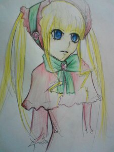 Rating: Safe Score: 0 Tags: 1girl auto_tagged bangs blonde_hair blue_eyes bonnet bow bowtie expressionless green_bow image long_hair looking_at_viewer marker_(medium) shinku simple_background solo traditional_media twintails User: admin