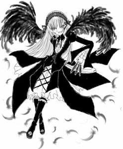 Rating: Safe Score: 0 Tags: 1girl black_wings boots dress feathered_wings feathers frills full_body greyscale hairband image long_hair long_sleeves looking_at_viewer monochrome rose smile solo standing suigintou very_long_hair white_background wings User: admin