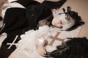 Rating: Safe Score: 0 Tags: 1girl bangs black_dress blurry closed_eyes closed_mouth depth_of_field dress feathers flower gothic_lolita hairband holding lace lips lolita_fashion lolita_hairband long_sleeves solo suigintou User: admin