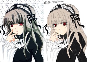Rating: Safe Score: 0 Tags: 2girls dress frills hairband image long_hair long_sleeves looking_at_viewer multiple_girls red_eyes ribbon silver_hair simple_background smile solo suigintou twitter_username upper_body white_background User: admin