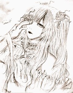 Rating: Safe Score: 0 Tags: 1girl bangs flower greyscale hair_flower hair_ornament image kirakishou long_hair looking_at_viewer monochrome one_side_up rose sketch solo traditional_media User: admin