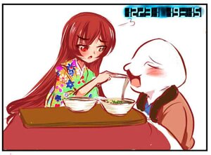 Rating: Safe Score: 0 Tags: 1girl blush closed_eyes green_eyes heterochromia image long_hair open_mouth red_eyes red_hair solo suiseiseki table User: admin