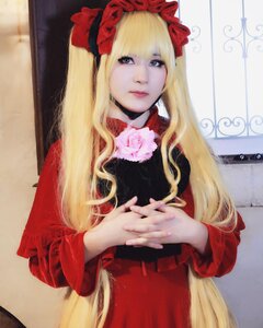 Rating: Safe Score: 0 Tags: 1girl bangs blonde_hair bow dress flower hands_together lips long_hair long_sleeves looking_at_viewer own_hands_together photo realistic red_dress rose shinku solo twintails upper_body User: admin