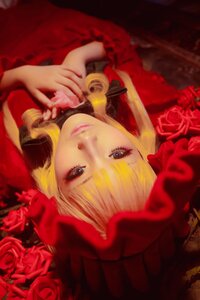 Rating: Safe Score: 0 Tags: 1girl blonde_hair blue_eyes dress flower hat lips looking_at_viewer red_dress red_flower red_rose rose shinku solo User: admin