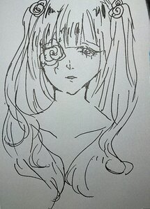 Rating: Safe Score: 0 Tags: 1girl bangs collarbone eyebrows_visible_through_hair greyscale hair_ornament image kirakishou long_hair looking_at_viewer monochrome parted_lips simple_background sketch solo traditional_media upper_body User: admin
