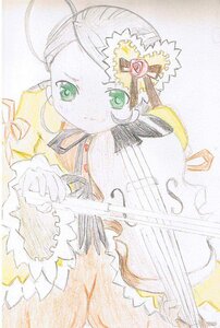 Rating: Safe Score: 0 Tags: 1girl dress drill_hair frills green_eyes hat image instrument kanaria long_sleeves musical_note smile solo traditional_media twin_drills User: admin