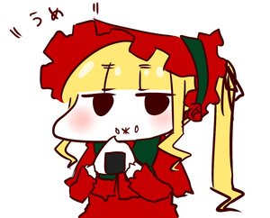 Rating: Safe Score: 0 Tags: 1girl blonde_hair bonnet chibi cup dress eating food food_on_face image long_sleeves shinku simple_background solo white_background User: admin