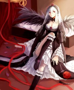 Rating: Safe Score: 0 Tags: 1girl auto_tagged black_wings breasts cleavage dress frills hairband image kneehighs long_hair long_sleeves looking_at_viewer petals red_eyes ribbon silver_hair solo suigintou wings User: admin