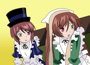 Rating: Safe Score: 0 Tags: :o brown_hair dress frills green_dress green_eyes hat heterochromia image long_sleeves looking_at_viewer open_mouth pair red_eyes short_hair siblings sisters souseiseki suiseiseki twins yellow_background User: admin