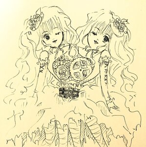 Rating: Safe Score: 0 Tags: 2girls bandages dress flower frills hair_flower hair_ornament human long_hair looking_at_viewer monochrome multiple_girls one_eye_closed smile User: admin