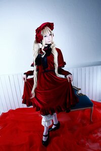 Rating: Safe Score: 0 Tags: 1girl black_footwear blonde_hair blue_eyes bonnet dress flower full_body long_hair mary_janes red_dress shinku shoes solo standing white_legwear User: admin