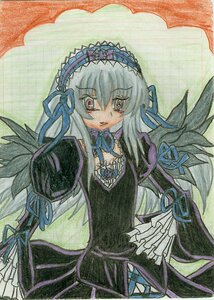 Rating: Safe Score: 0 Tags: 1girl black_wings dress flower frilled_sleeves frills hairband image long_hair long_sleeves looking_at_viewer marker_(medium) ribbon rose silver_hair solo suigintou traditional_media wings User: admin