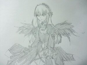 Rating: Safe Score: 0 Tags: 1girl black_wings dress feathered_wings frills hairband image long_hair long_sleeves looking_at_viewer monochrome simple_background solo suigintou traditional_media wings User: admin