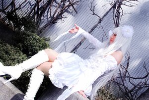 Rating: Safe Score: 0 Tags: 1girl bare_shoulders bare_tree boots closed_eyes dress fence high_heel_boots high_heels kirakishou knee_boots long_hair sitting solo tree very_long_hair white_dress white_footwear white_hair white_theme User: admin