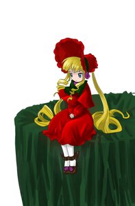 Rating: Safe Score: 0 Tags: 1girl blonde_hair blue_eyes bonnet bow dress flower full_body image long_hair long_sleeves looking_at_viewer red_dress rose shinku shoes sitting solo twintails very_long_hair white_legwear User: admin