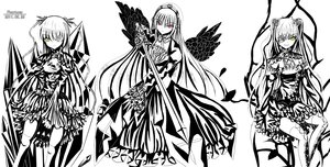 Rating: Safe Score: 0 Tags: 3girls chain dark_persona dress gloves greyscale image long_hair looking_at_viewer monochrome multiple multiple_girls rose suigintou tagme vertical_stripes very_long_hair white_background wings User: admin