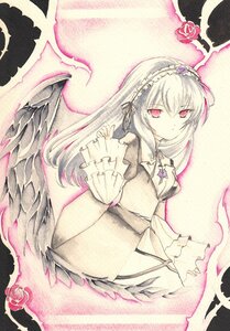 Rating: Safe Score: 0 Tags: 1girl bangs black_ribbon black_wings dress flower frilled_sleeves frills hairband image long_hair long_sleeves looking_at_viewer pink_eyes pink_flower red_eyes ribbon rose silver_hair solo suigintou traditional_media very_long_hair wings User: admin