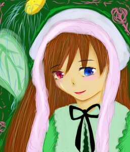 Rating: Safe Score: 0 Tags: 1girl bangs blue_eyes brown_hair green_background hat heterochromia image long_hair looking_at_viewer ribbon simple_background smile solo suiseiseki User: admin