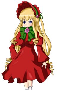 Rating: Safe Score: 0 Tags: 1girl blonde_hair blue_eyes blush bonnet bow bowtie dress drill_hair flower green_bow green_neckwear image long_hair long_sleeves pink_flower pink_rose red_dress rose shinku sidelocks simple_background solo standing twin_drills very_long_hair white_background white_legwear User: admin