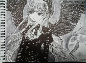 Rating: Safe Score: 0 Tags: 1girl black_wings dress feathered_wings feathers flower greyscale hairband image long_hair long_sleeves looking_at_viewer monochrome rose simple_background solo suigintou traditional_media upper_body very_long_hair wings User: admin