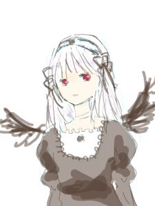 Rating: Safe Score: 0 Tags: 1girl bangs dress eyebrows_visible_through_hair hairband image juliet_sleeves long_hair long_sleeves looking_at_viewer parted_lips puffy_sleeves red_eyes ribbon simple_background solo striped striped_background suigintou upper_body white_background white_hair wings User: admin