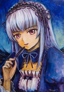 Rating: Safe Score: 0 Tags: 1girl bangs dress frills hairband image long_hair long_sleeves looking_at_viewer red_eyes ribbon silver_hair solo suigintou traditional_media upper_body User: admin