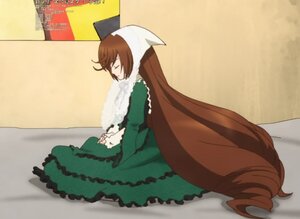 Rating: Safe Score: 0 Tags: 1girl brown_hair closed_eyes dress frills green_dress image long_hair long_sleeves own_hands_together sitting solo suiseiseki very_long_hair User: admin