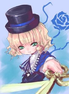 Rating: Safe Score: 0 Tags: 1girl auto_tagged bangs blonde_hair blue_background blue_dress costume_switch dress frills green_eyes hat image looking_at_viewer short_hair short_sleeves solo tate_eboshi upper_body wavy_hair User: admin