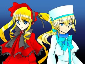 Rating: Safe Score: 0 Tags: 2girls blonde_hair blue_eyes bonnet bow bowtie capelet dress flower image long_hair long_sleeves looking_at_viewer multiple_girls red_dress shinku sidelocks simple_background solo twintails upper_body User: admin