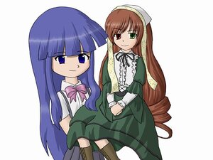 Rating: Safe Score: 0 Tags: 2girls bow bowtie brown_hair dress green_dress green_eyes heterochromia image long_hair long_sleeves looking_at_viewer multiple_girls red_eyes simple_background smile solo suiseiseki very_long_hair User: admin