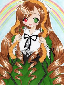 Rating: Safe Score: 0 Tags: 1girl :d black_ribbon blush brown_hair dress drill_hair flower frills green_dress green_eyes heterochromia image long_hair long_sleeves looking_at_viewer marker_(medium) open_mouth red_eyes ribbon ringlets smile solo suiseiseki traditional_media twin_drills very_long_hair User: admin