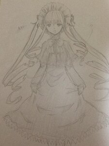 Rating: Safe Score: 0 Tags: 1girl dress drill_hair image long_hair long_sleeves looking_at_viewer monochrome shinku skirt_hold solo standing traditional_media twintails very_long_hair User: admin
