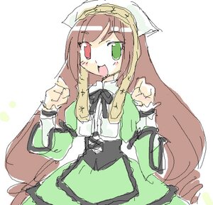 Rating: Safe Score: 0 Tags: 1girl :d animal_ears brown_hair dress green_dress green_eyes heterochromia image long_hair long_sleeves open_mouth red_eyes simple_background sketch smile solo suiseiseki very_long_hair white_background User: admin