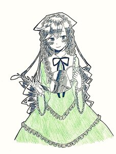 Rating: Safe Score: 0 Tags: 1girl dress eyebrows_visible_through_hair frills green_dress holding image long_hair long_sleeves looking_at_viewer monochrome monster_girl neck_ribbon ribbon simple_background smile solo suiseiseki User: admin