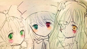 Rating: Safe Score: 0 Tags: 3girls blush bow closed_mouth eyebrows_visible_through_hair flower green_eyes hair_ornament hat heterochromia image long_hair looking_at_viewer multiple multiple_girls red_eyes smile tagme traditional_media User: admin