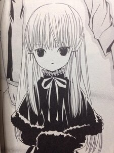 Rating: Safe Score: 0 Tags: 1girl bangs closed_mouth dress eyebrows_visible_through_hair frills greyscale image long_hair long_sleeves looking_at_viewer monochrome neck_ribbon ribbon shinku solo upper_body User: admin