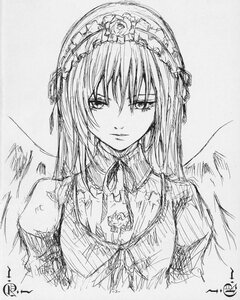 Rating: Safe Score: 0 Tags: 1girl closed_mouth dress flower greyscale hairband image lolita_hairband long_hair looking_at_viewer monochrome signature sketch solo suigintou traditional_media upper_body wings User: admin