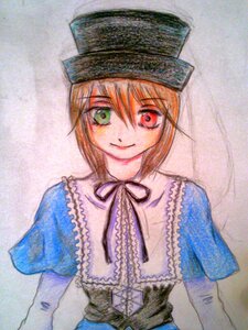 Rating: Safe Score: 0 Tags: 1girl blue_dress capelet dress eyebrows_visible_through_hair green_eyes hat heterochromia image long_sleeves looking_at_viewer red_eyes short_hair smile solo souseiseki traditional_media upper_body User: admin