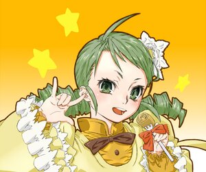 Rating: Safe Score: 0 Tags: 1girl ahoge bowtie drill_hair frills green_eyes green_hair hair_ornament image index_finger_raised kanaria long_sleeves open_mouth orange_background seikan_hikou smile solo star_(symbol) starry_background twin_drills upper_body yellow_background yellow_dress User: admin