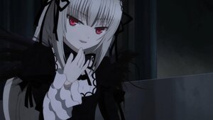 Rating: Safe Score: 3 Tags: 1girl black_wings detached_collar dress flower frills hairband image long_hair long_sleeves looking_at_viewer open_mouth red_eyes ribbon rose smile solo suigintou upper_body wings User: admin